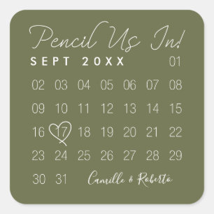 Pencil Us In Minimal Green Calendar Save The Date Square Sticker