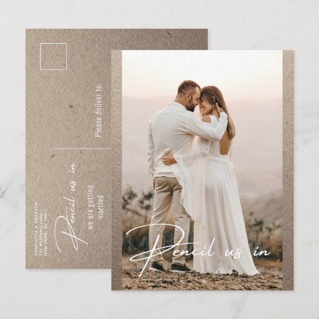 Pencil Us In Save The Date Photo Rustic Wedding Announcement Postcard (Front/Back)