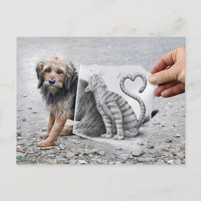 Pencil Vs Camera - Dog and Cat Postcard (Front)
