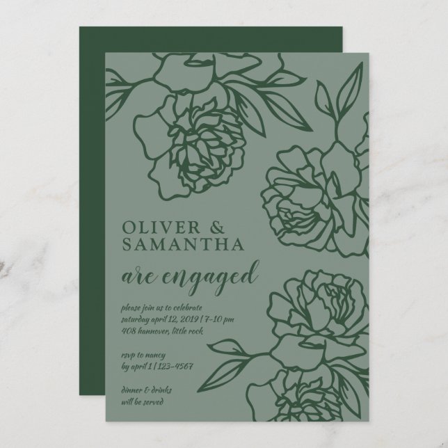 Penciled Peonies Emerald Green Engagement Party Invitation (Front/Back)