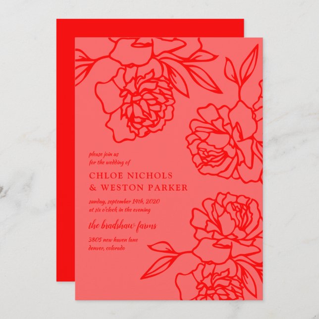 Penciled Peonies Modern Red Wedding Invitation (Front/Back)