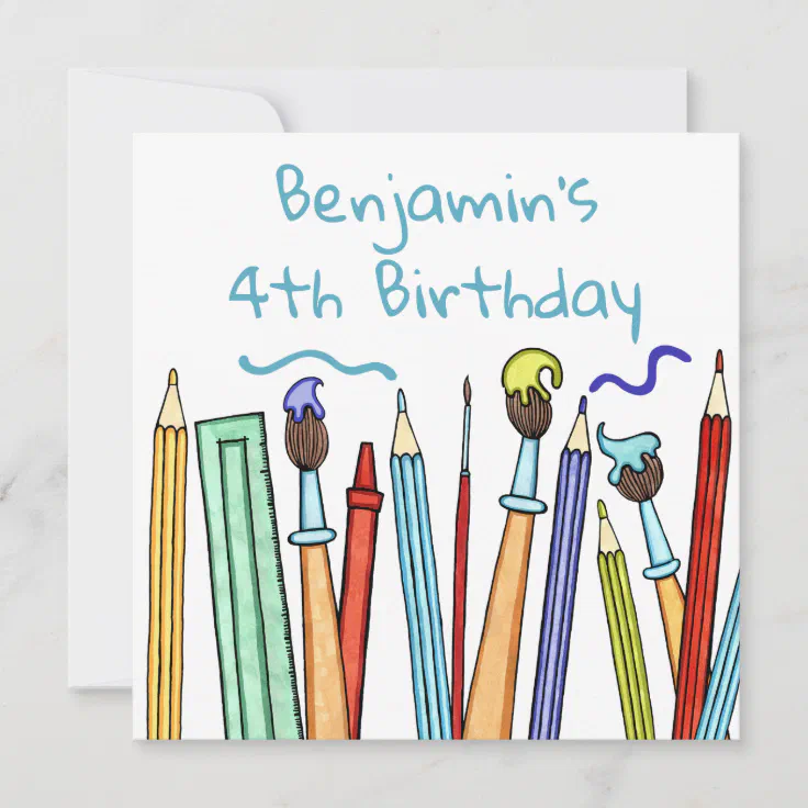 Pencils and Paintbrushes Birthday Invitation | Zazzle