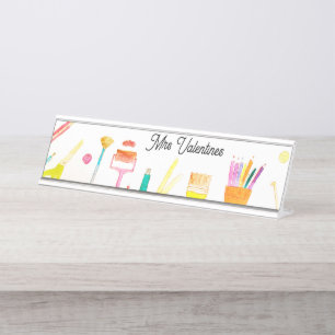 Pencils Watercolor Teacher School Cute Modern Desk Name Plate