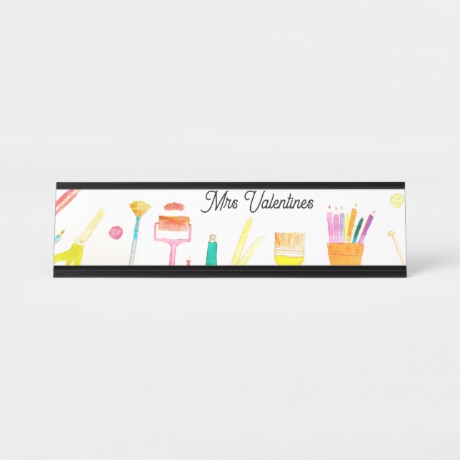Pencils Watercolor Teacher School Cute Modern Desk Name Plate (Front)