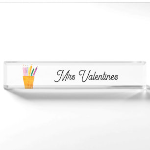 Pencils Watercolor Teacher School Cute Modern Nameplate