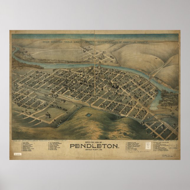 Pendleton Oregon 1890 Antique Panoramic Map Poster (Front)