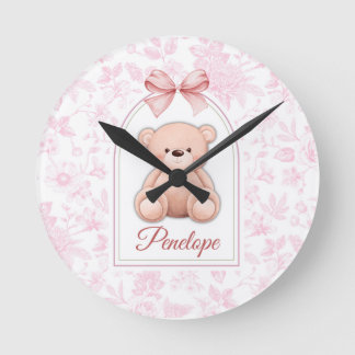 Penelope | Custom Pink Teddy Bear Nursery Design Round Clock