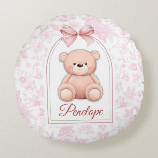 Penelope | Custom Pink Teddy Bear Nursery Design Round Cushion