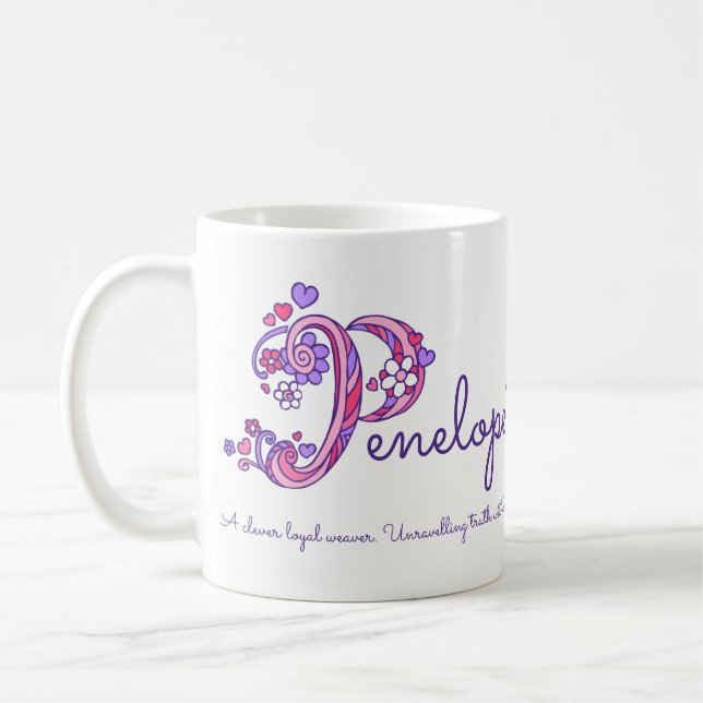 Penelope name meaning heart flower P monogram mug (Left)