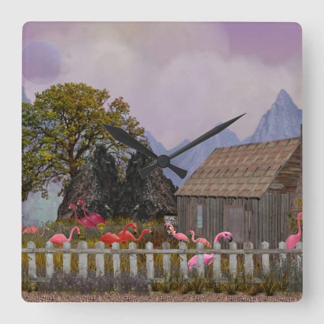 penfield pink plastic flamingo sanctuary square wall clock (Front)