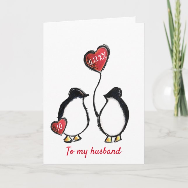 Penguin 10th iron wedding anniversary husband card (Front)