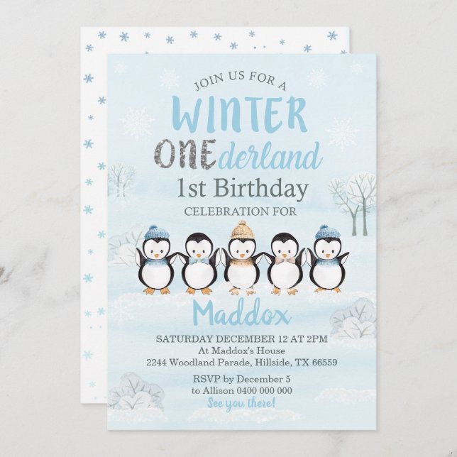 Penguin 1st Birthday Invitation Winter Onederland (Front/Back)