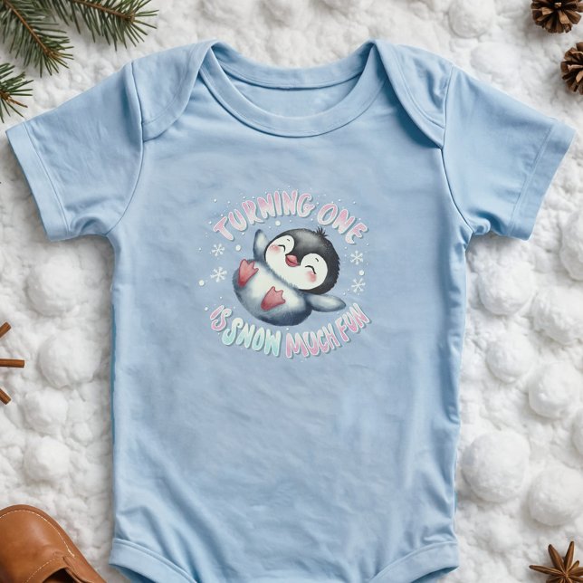 Penguin 1st Birthday Snow Much Fun Cute Winter Baby Bodysuit (Penguin 1st birthday party outfit Winter wonderland cute animals snow much fun theme one piece)