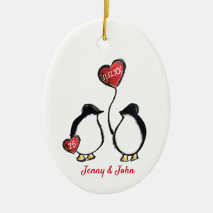 Penguin 25th silver wedding anniversary ceramic ornament