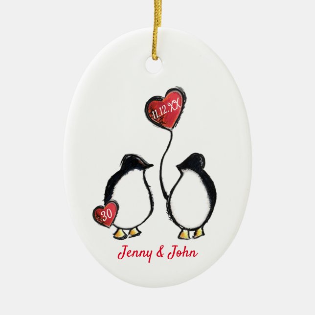 Penguin 30th pearl wedding anniversary ceramic ornament (Front)