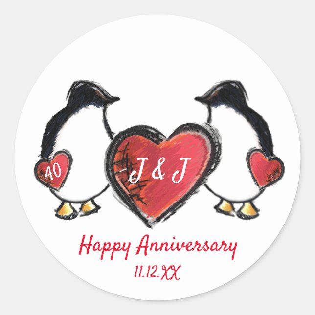 Penguin 40th ruby wedding anniversary classic round sticker (Front)