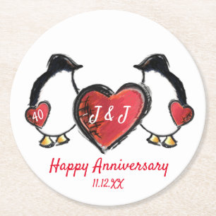Penguin 40th ruby wedding anniversary round paper coaster