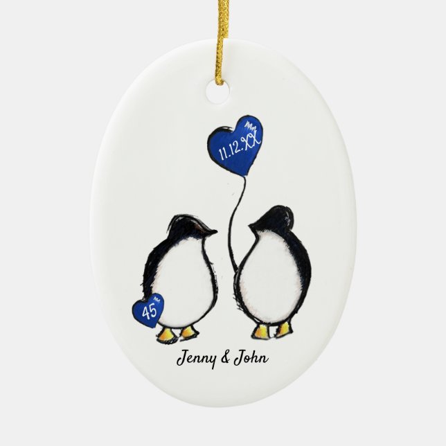Penguin 45th sapphire wedding anniversary ceramic ornament (Front)