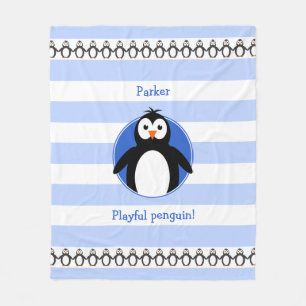 Penguin add name blue white stripes fleece blanket