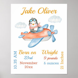 Penguin Aeroplane Blue Baby Boy Stats Poster