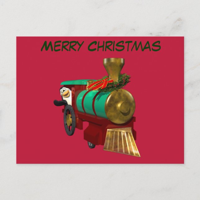Penguin and Christmas Train Holiday Postcard (Front)
