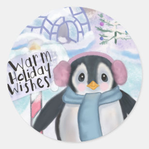 Penguin and Igloo Northern Lights Scene Classic Round Sticker