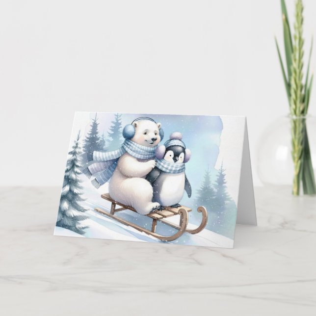 Penguin and Polar Bear On a Sled Holiday Card (Front)
