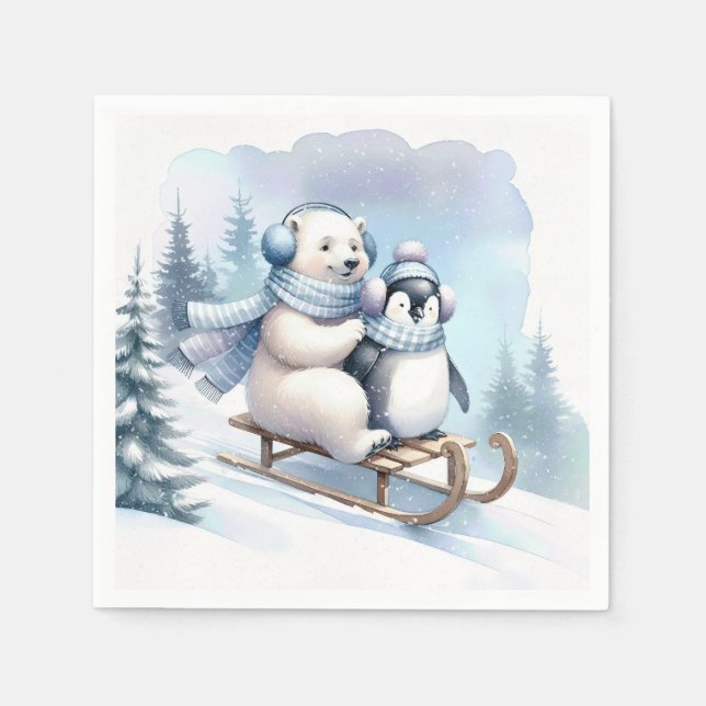 Penguin and Polar Bear On a Sled Napkin (Front)