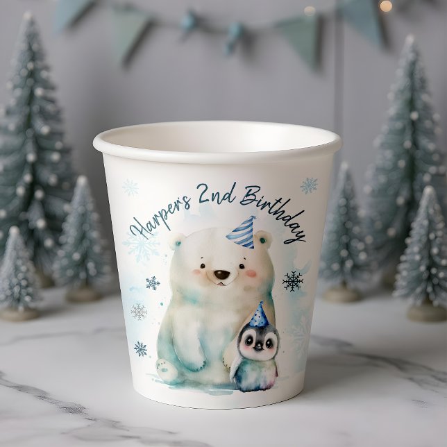 Penguin and Polar Bear Winter Birthday Paper Cups (Creator Uploaded)