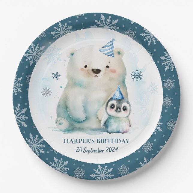 Penguin and Polar Bear Winter Birthday Paper Plate (Front)