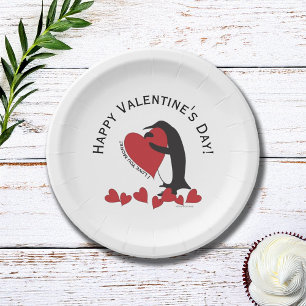 Penguin and Red Heart Happy Valentine’s Day Paper Plate