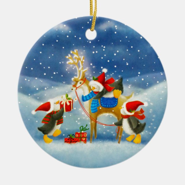 Penguin and Reindeer Ceramic Tree Decoration (Front)