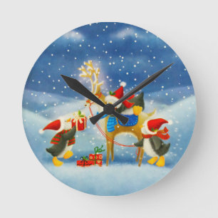 Penguin and Reindeer Round Clock