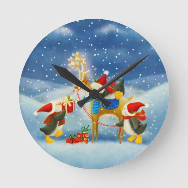 Penguin and Reindeer Round Clock (Front)