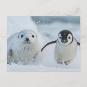 Penguin and Seal Friends - Frolicking in the Snow Postcard