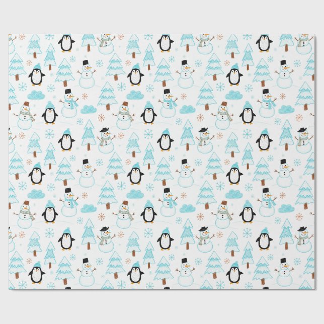 Penguin and Snowman Winter Pattern Wrapping Paper (Flat)