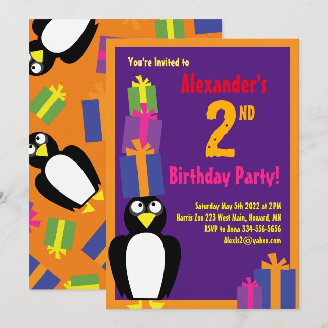 Penguin Animal Kid's Birthday Party Invitations (Front/Back)