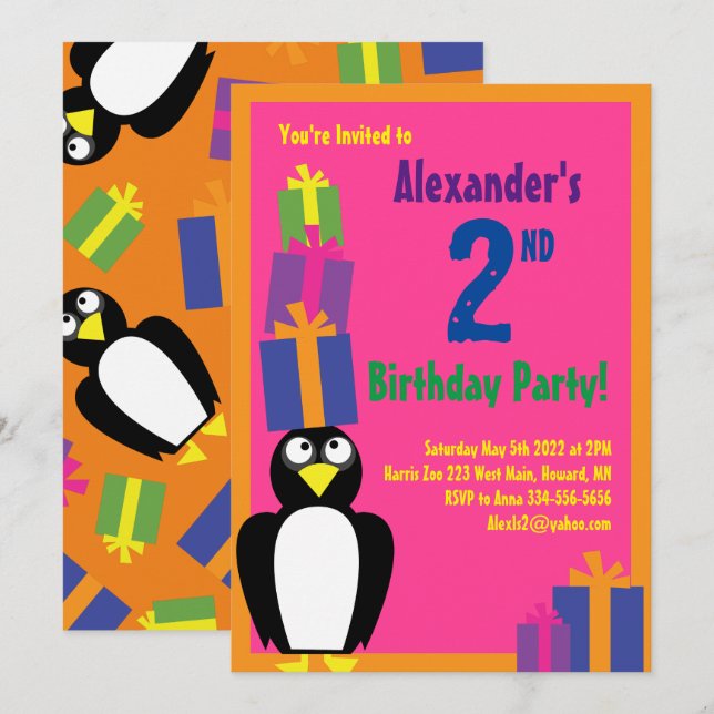 Penguin Animal Kid's Birthday Party Invitations (Front/Back)