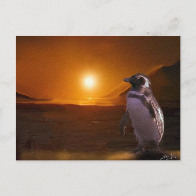 Penguin & Antarctic Sunset Art Postcard (Front)