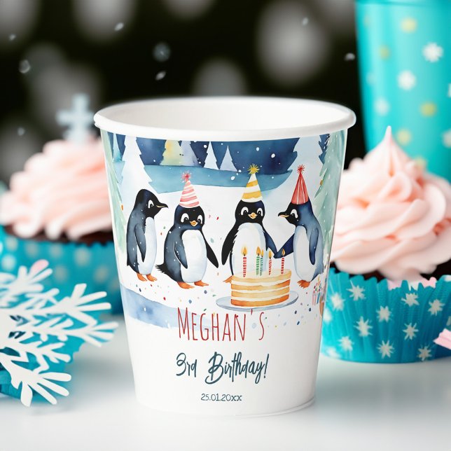 Penguin arctic winter birthday personalised paper cups (Penguin arctic winter birthday personalized paper cups penguin party supplies customized paper cups)