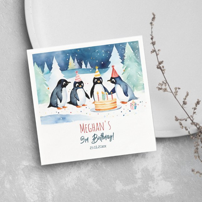 Penguin arctic winter birthday template napkin (Penguin arctic winter birthday party personalized tableware template napkins cute penguins and cake)