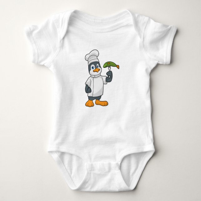 Penguin as Cook with Fish & Cooking apron Baby Bodysuit (Front)