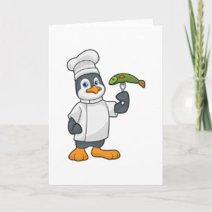 Penguin as Cook with Fish & Cooking apron Card