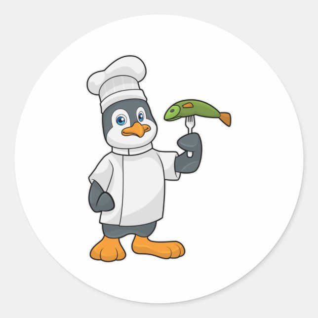 Penguin as Cook with Fish & Cooking apron Classic Round Sticker (Front)