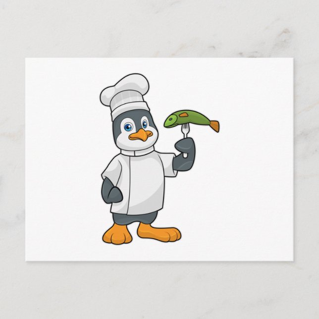 Penguin as Cook with Fish & Cooking apron Postcard (Front)