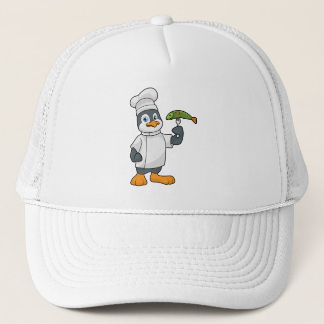 Penguin as Cook with Fish & Cooking apron Trucker Hat (Front)