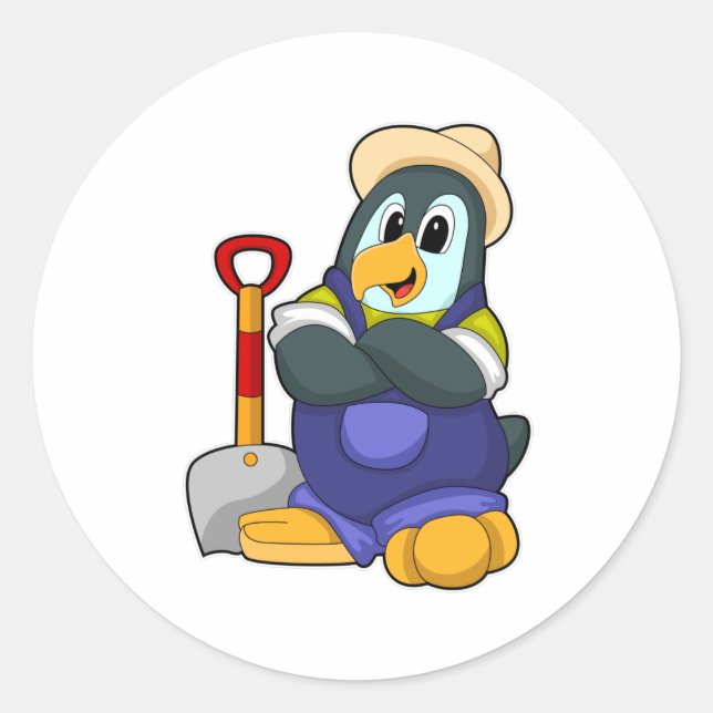Penguin as Farmer with Shovel Classic Round Sticker (Front)