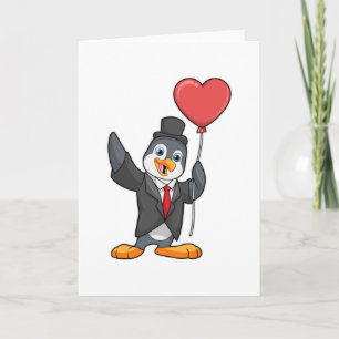 Penguin as Groom with Heart Ballon Card
