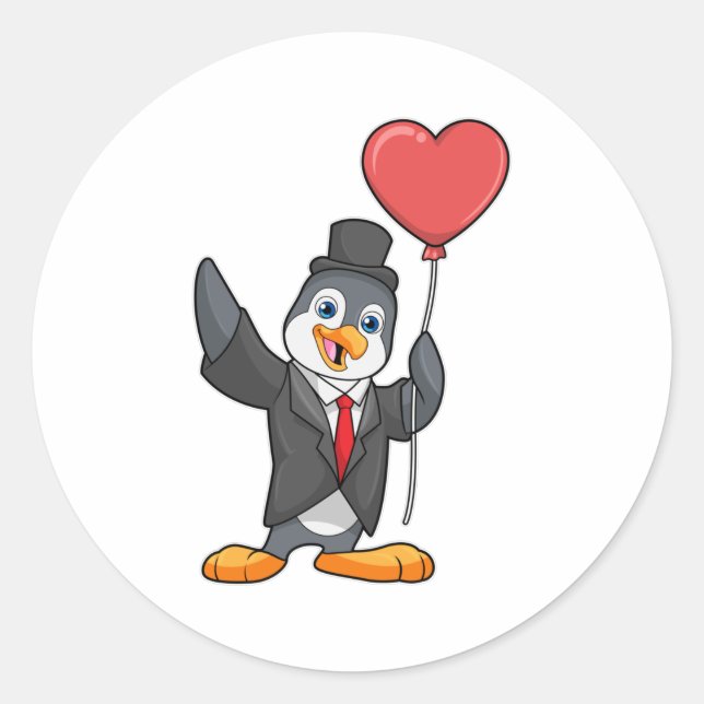 Penguin as Groom with Heart Ballon Classic Round Sticker (Front)