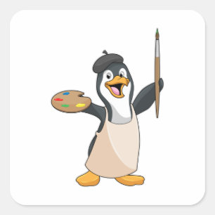 Penguin as Painter with Paint brush & Color Square Sticker